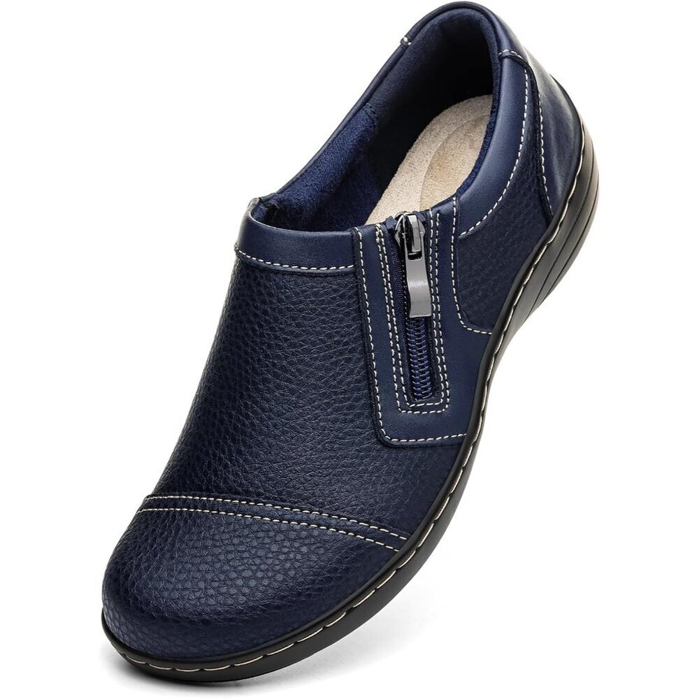 〽️Women's Comfortable And Lightweight Navy Leather Loafers Casual Zipper Closure